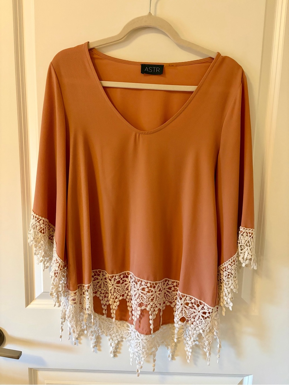ASTR Rust V-Neck Tunic with White Crochet Trim